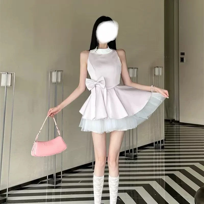 法式赫本风甜美蝴蝶结收腰无袖网纱连衣裙