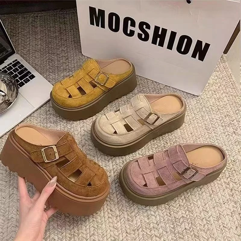 小众设计镂空罗马拖鞋女2025夏季新款厚底包头猪笼鞋小个子勃肯鞋