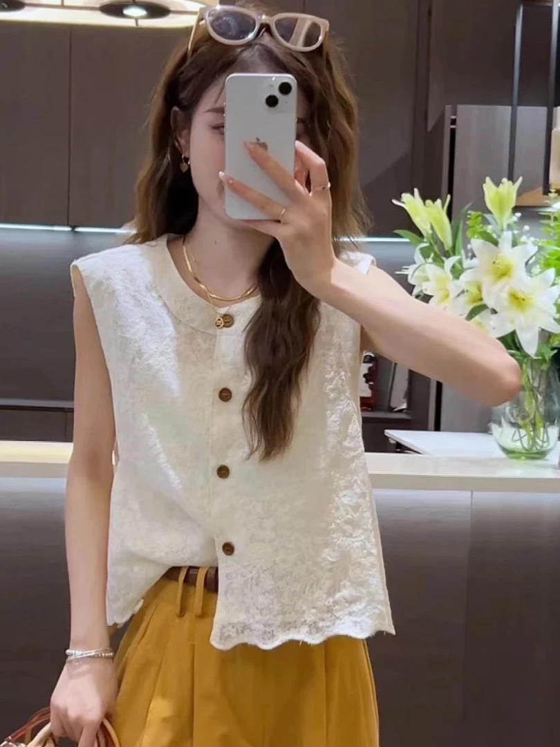 夏季薄款无袖圆领蕾丝马甲衬衫女20024夏季新款休闲宽松显瘦上衣