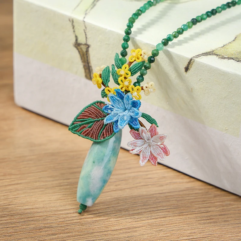 栖石原创初级编绳教程花间月下桂花昙花编绳项链饰品手工编绳首饰