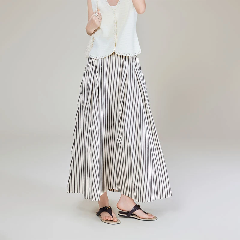 A美洋MEIYANG【欧若风】 佛卡夏半裙 松紧腰条纹半身中长伞裙