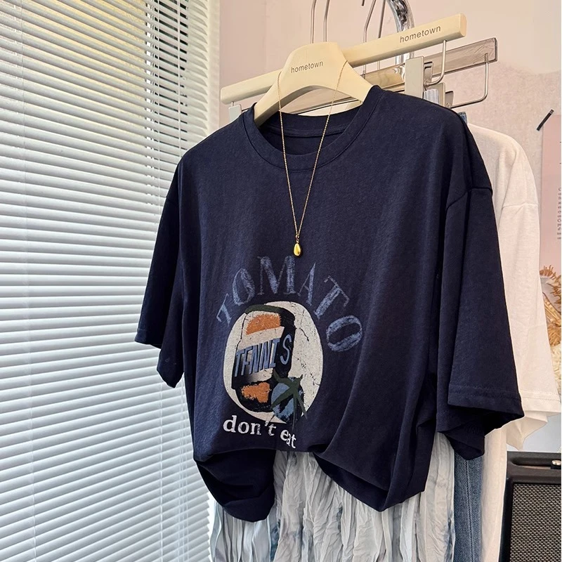 欧美复古宽松显瘦雪花棉短袖T恤女2025新款夏季薄款胖mm上衣2