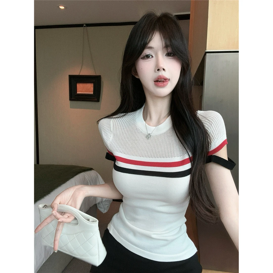 夏季别致性感撞色条纹设计感修身显瘦上衣女辣妹纯欲小众复古上衣