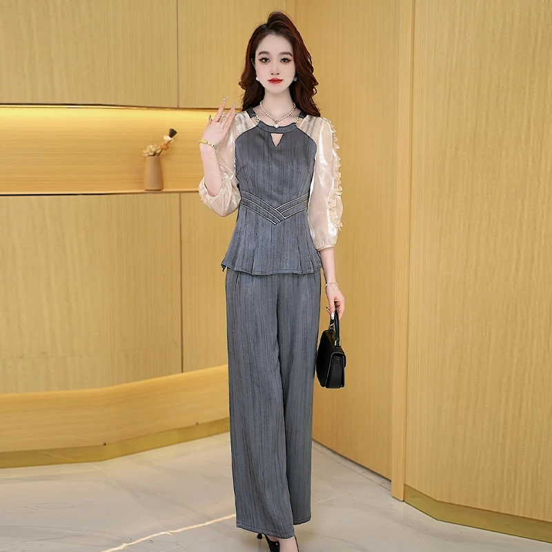 【两件套】春季时尚宽松洋气休闲收腰显瘦减龄中袖高腰修身女装套裤