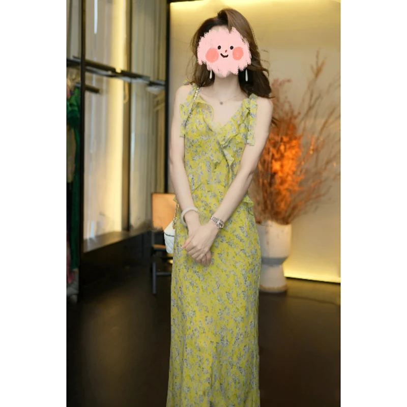 夏季法式显气质休闲显瘦无袖吊带连衣裙V领木耳边收腰碎花长裙女