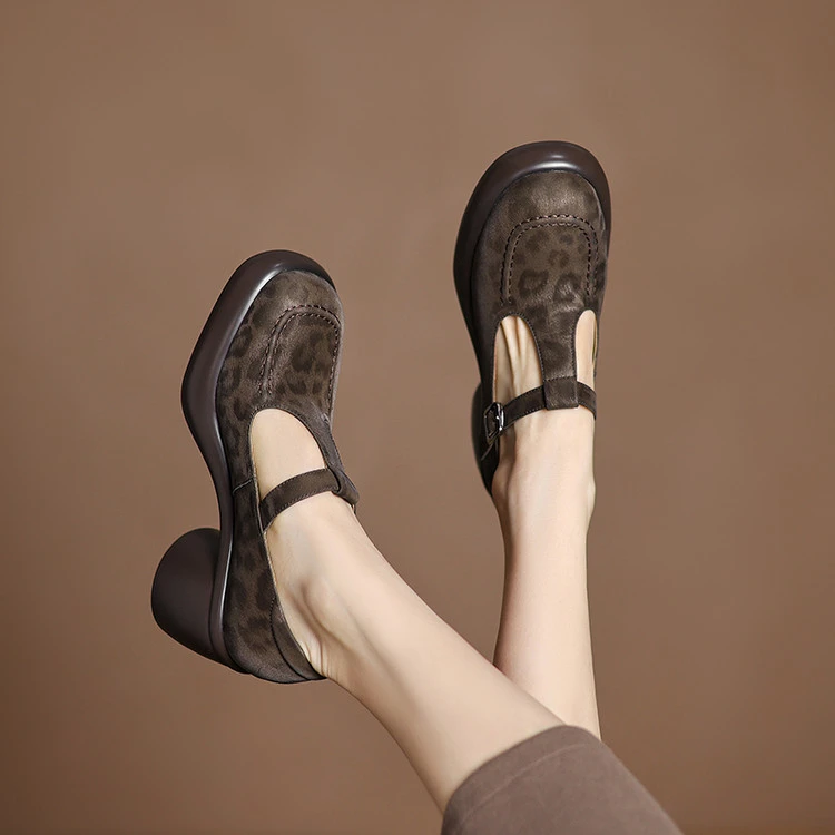 牛皮/7cm/春秋新款时尚百搭小个子增高跟粗跟厚底真皮玛丽珍单鞋