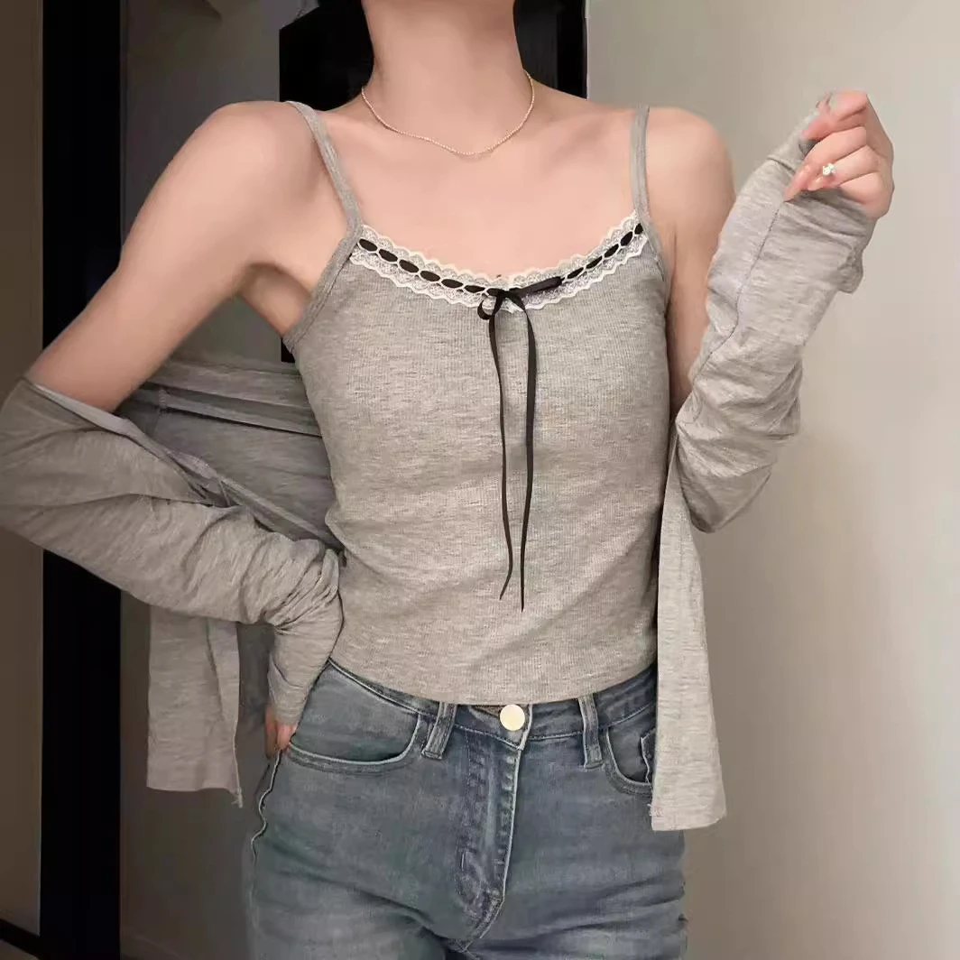 纯欲蕾丝吊带女螺纹棉蝴蝶结带垫吊带背心单穿内搭百搭洋气小吊带