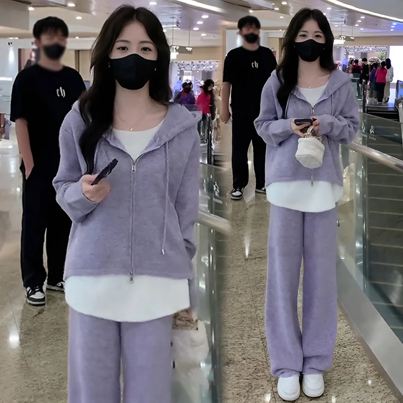 休闲运动套装女2025春秋新款宽松假两件针织连帽卫衣阔腿裤两件套