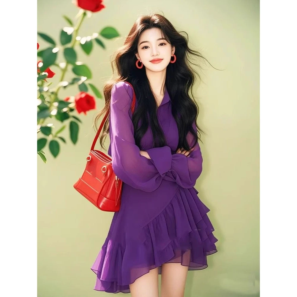 今年流行爆款法式衬衫领收腰裙子早春不规则下摆长袖雪纺连衣裙