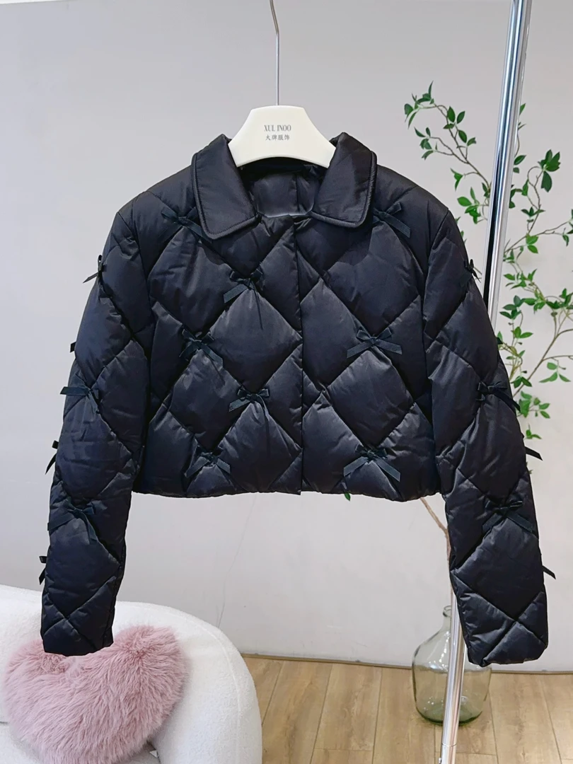 琳心丨秋冬新款黑色菱格小香风蝴蝶结设计感棉服3662