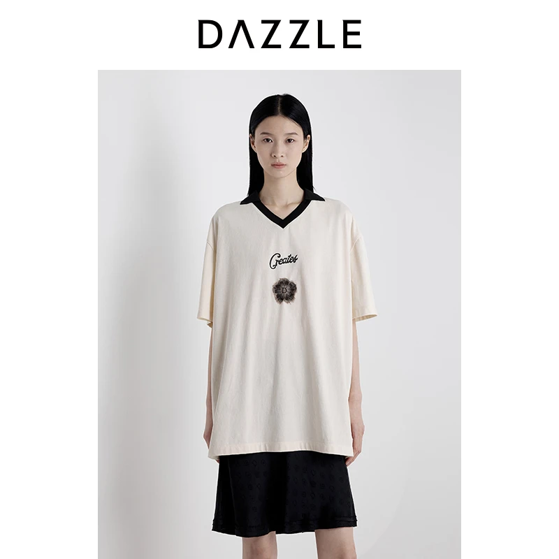 DAZZLE 地素短袖T恤2025年夏季新款浅黄色球衣T恤2J2B323