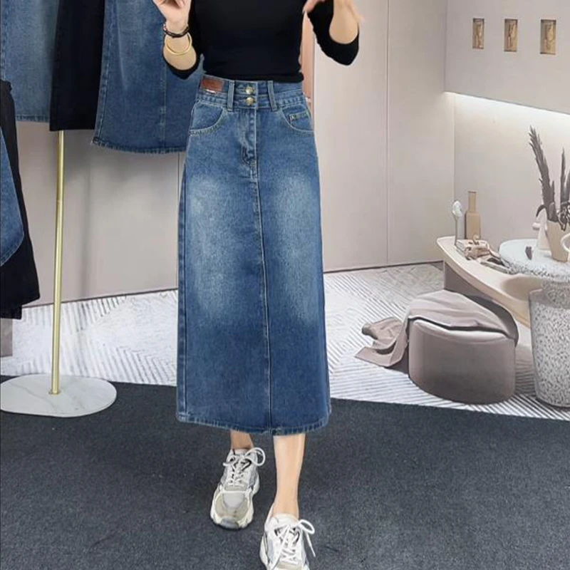 夏季复古蓝高腰双扣牛仔半身裙黑色中长款A子长裙裙子显瘦百搭