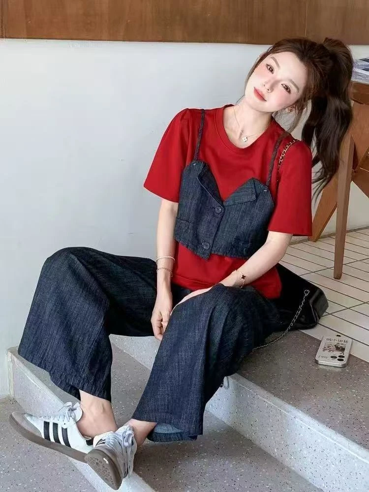 牛仔套装裤两件套2025夏季时尚设计感假两件拼接T恤长裤减龄休闲