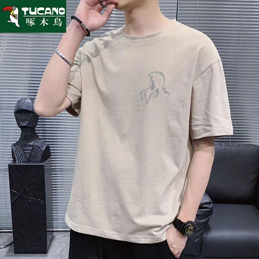 啄木鸟重磅纯棉短袖t恤男士夏季韩版宽松潮流休闲时尚印花圆领T恤