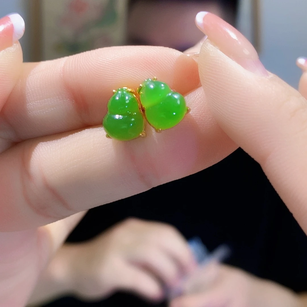 和田玉（碧玉）耳饰银S925镀金镶嵌