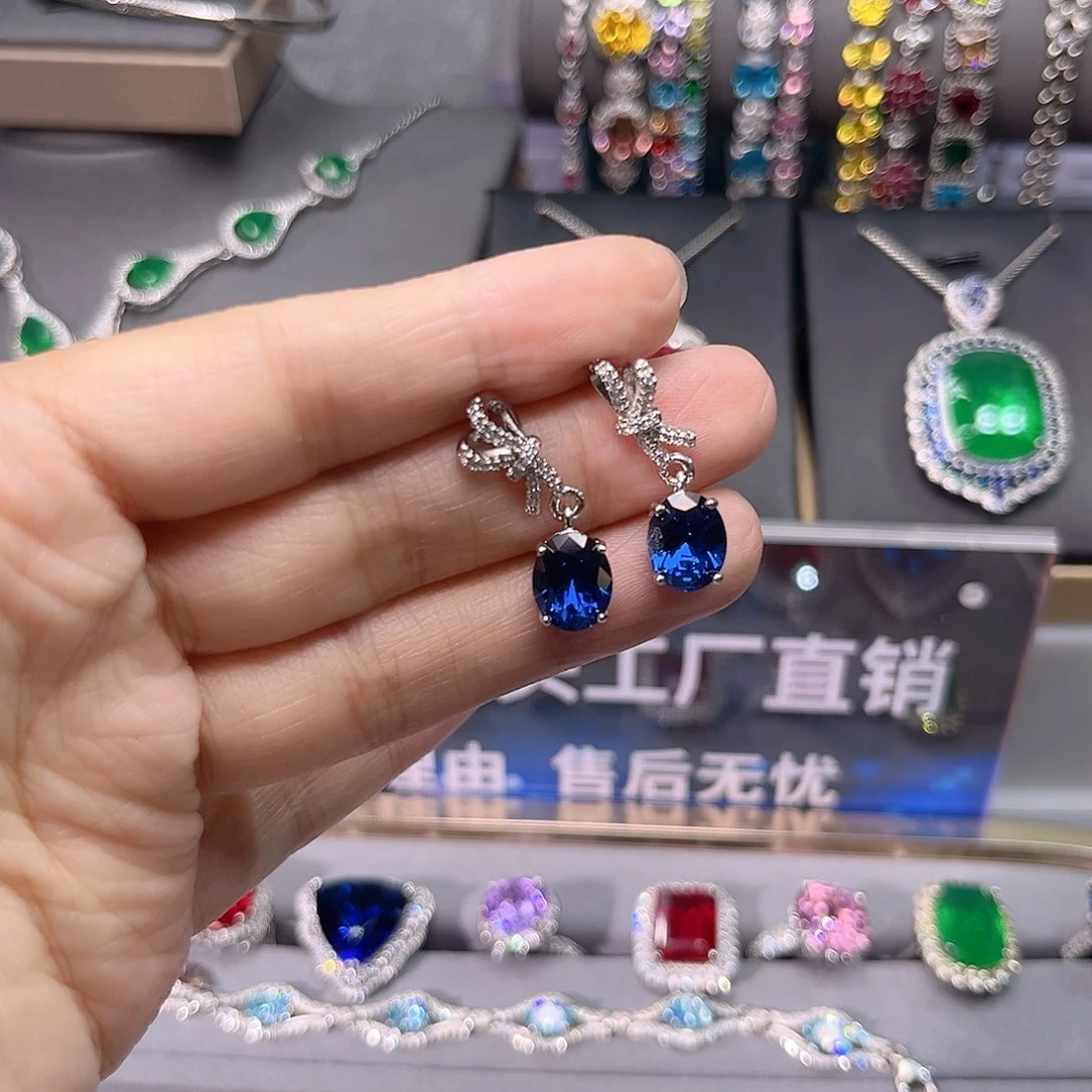 蓝宝石耳饰银S925镶嵌76