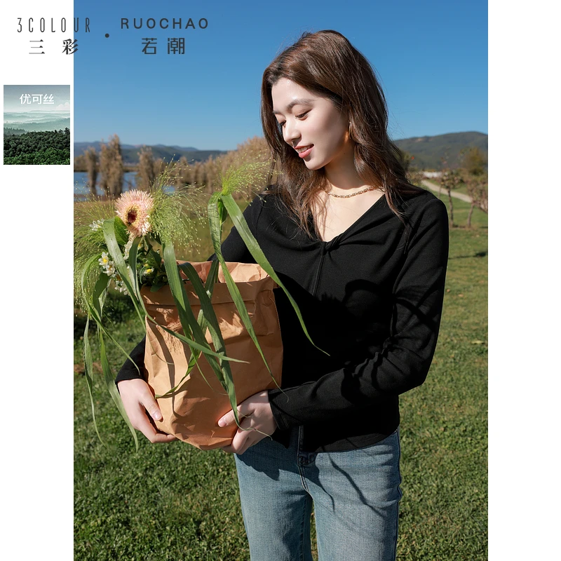 三彩大码女装2025春季新款气质扭结V领针织T恤收腰套头开叉胖MM