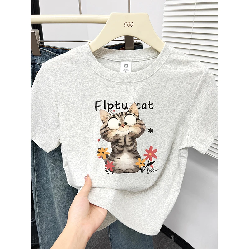 可爱猫咪印花圆领短袖t恤女小衫夏季新款韩版小个子显瘦正肩上衣