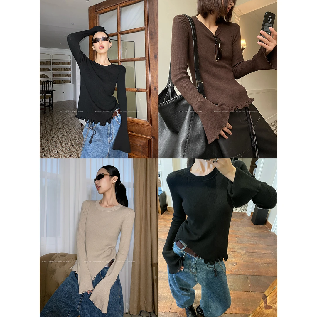 JCCC影子【叠浪】三色绵羊毛混纺木耳边喇叭袖针织打底衫JE4FBS17