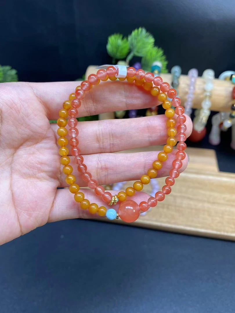 【半山半水蜜蜡南红4.5m双拼手串】A889搭配南红路路通海纹石气质