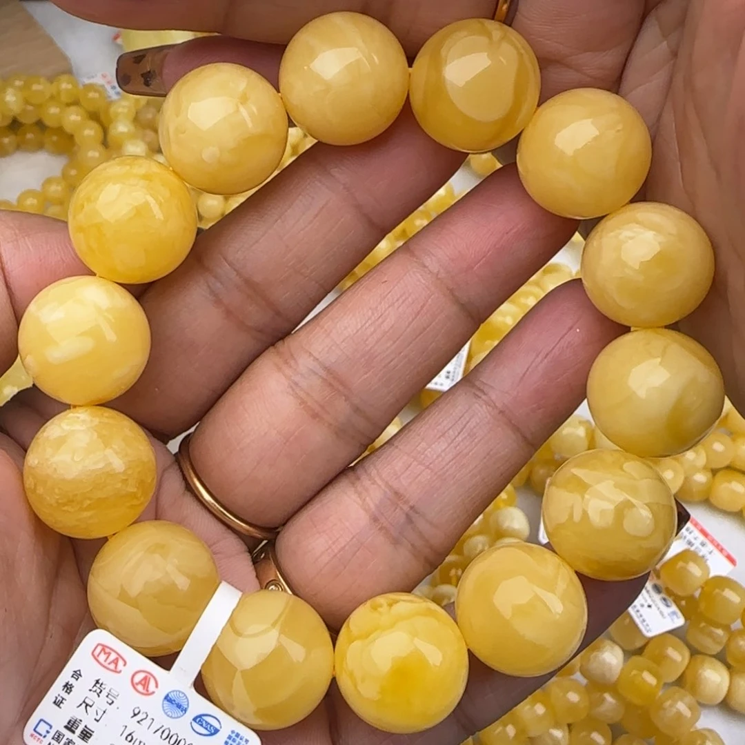 蜜蜡手链未镶嵌鸡油黄圆珠手串