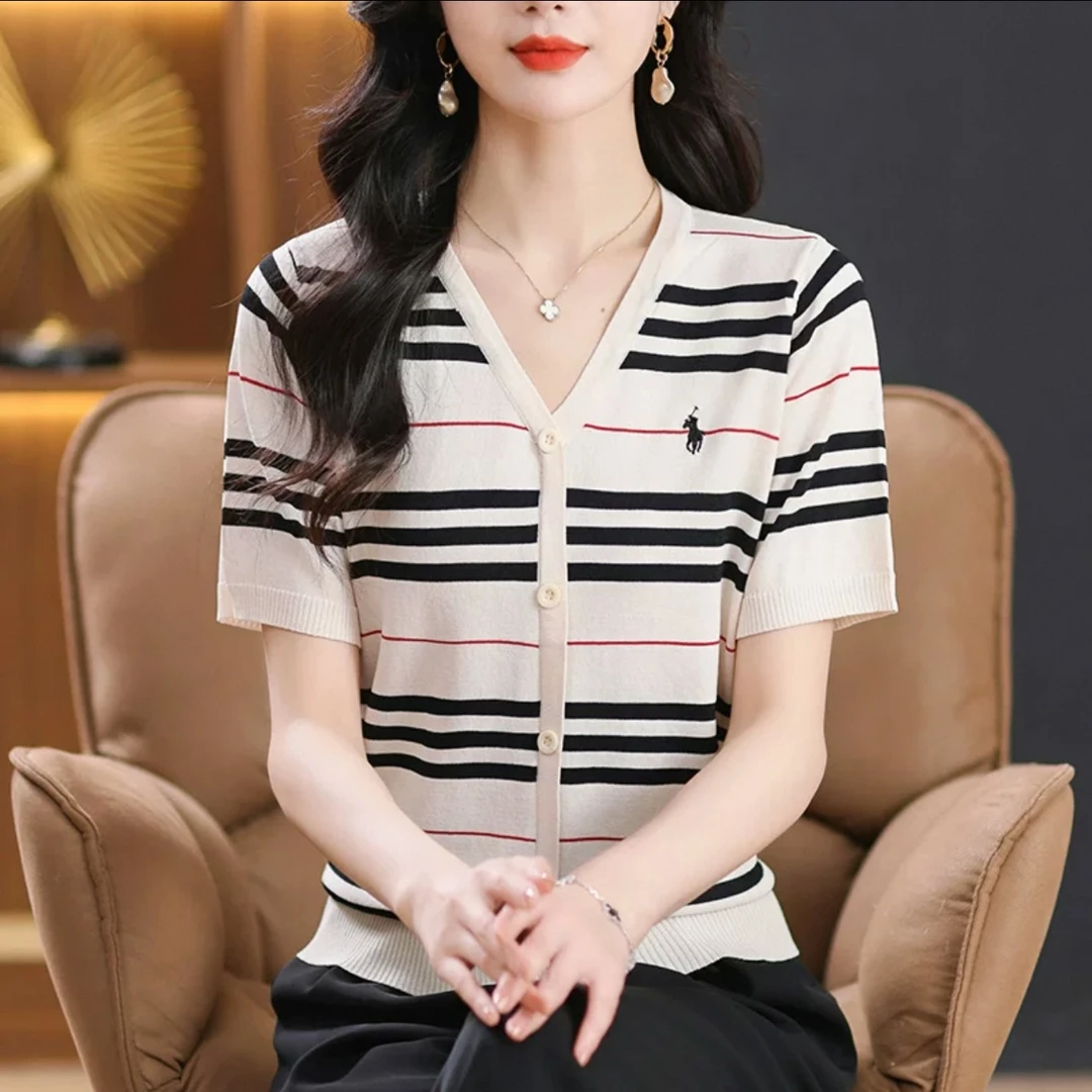 V领冰丝短袖t恤女2025年夏季新款宽松薄款条纹时尚休闲针织打底衫