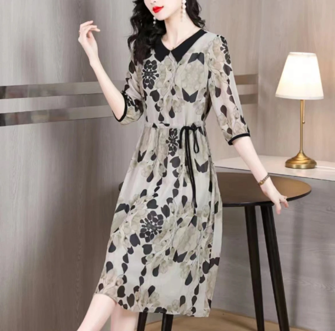 【遇见妳】2606新款娃娃领几何花时尚百搭气质显瘦洋气连衣裙