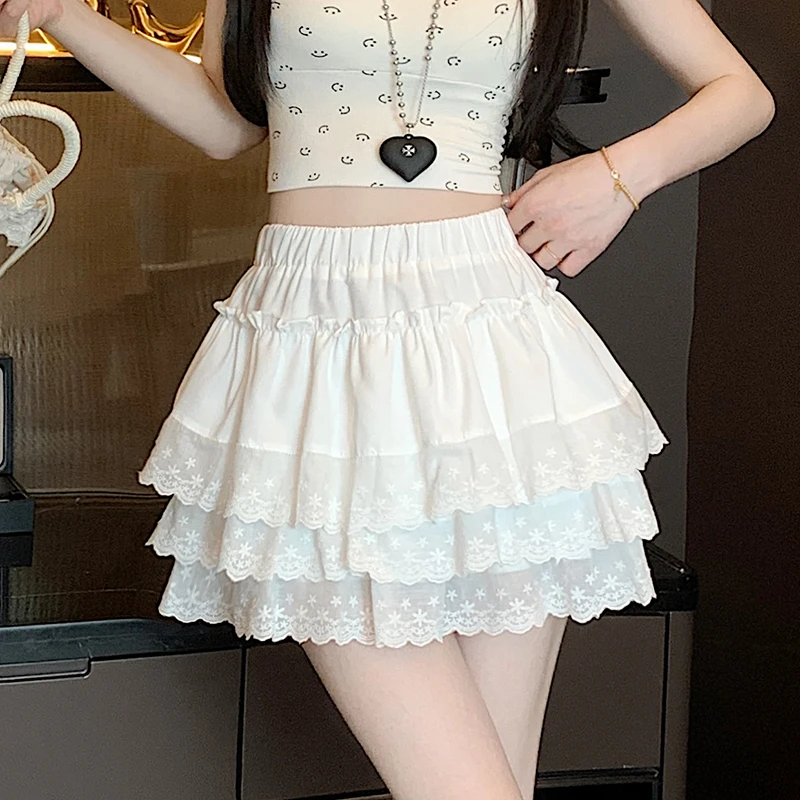 法式甜美荷叶边层层蛋糕裙女夏季高腰裙子蕾丝拼接半身裙A字短裙