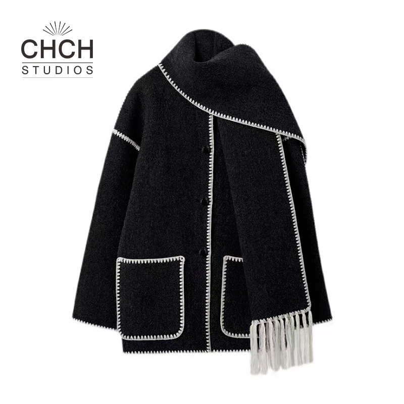 RAQWT12463冬季新款刺绣白边流苏围巾大衣外套女款