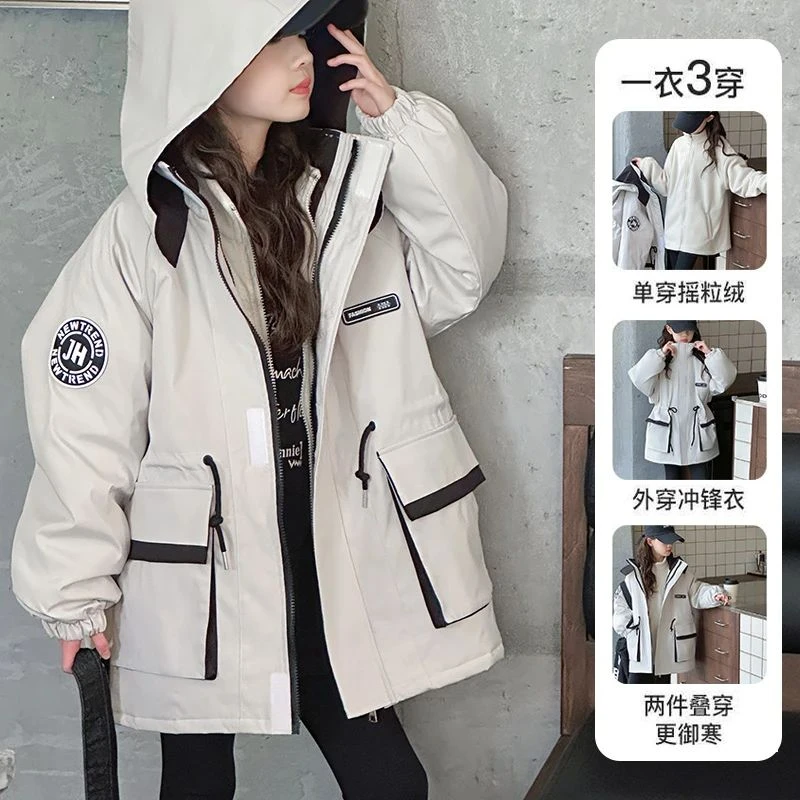 女大童夹棉加厚防水冲锋衣三合一可拆卸2025新初中生秋冬收腰棉衣
