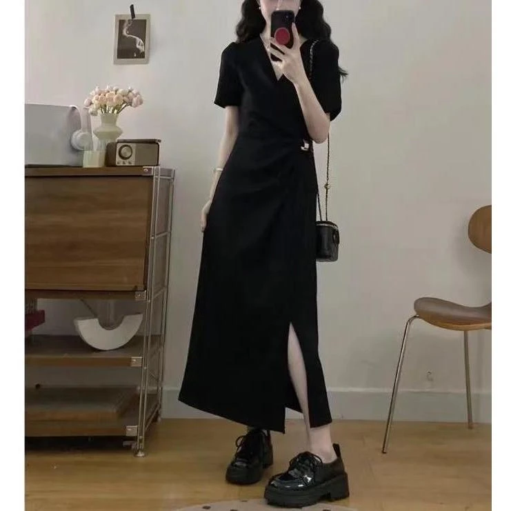 霏儿推荐大码女装法式v领扭结气质收腰侧边开叉连衣裙5925+5926