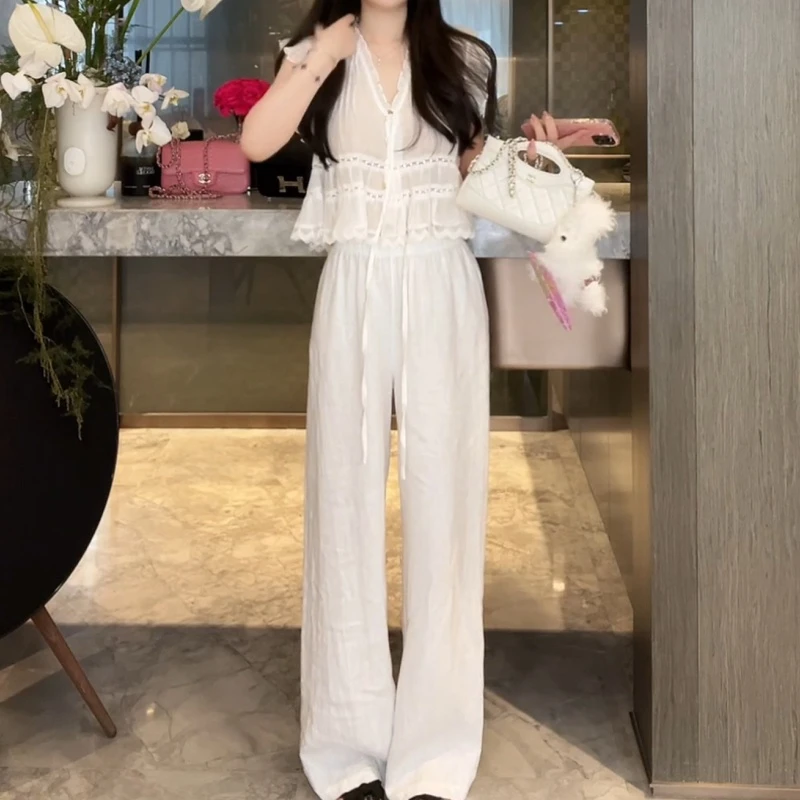 重工压褶荷叶边蕾丝花边上衣+白色松紧抽绳休闲裤LK2504779