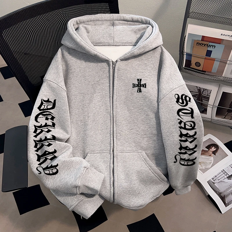 jtrt潮牌时尚设计感字母印花男女秋冬季重磅开衫连帽卫衣运动外套
