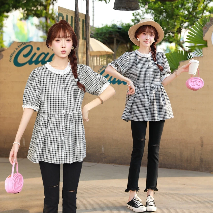 孕妇上衣夏装2025新款韩版宽松短袖t恤格子衬衣显瘦娃娃衫夏季