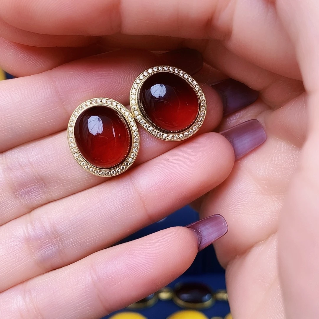 血珀银S925镀金镶嵌耳饰