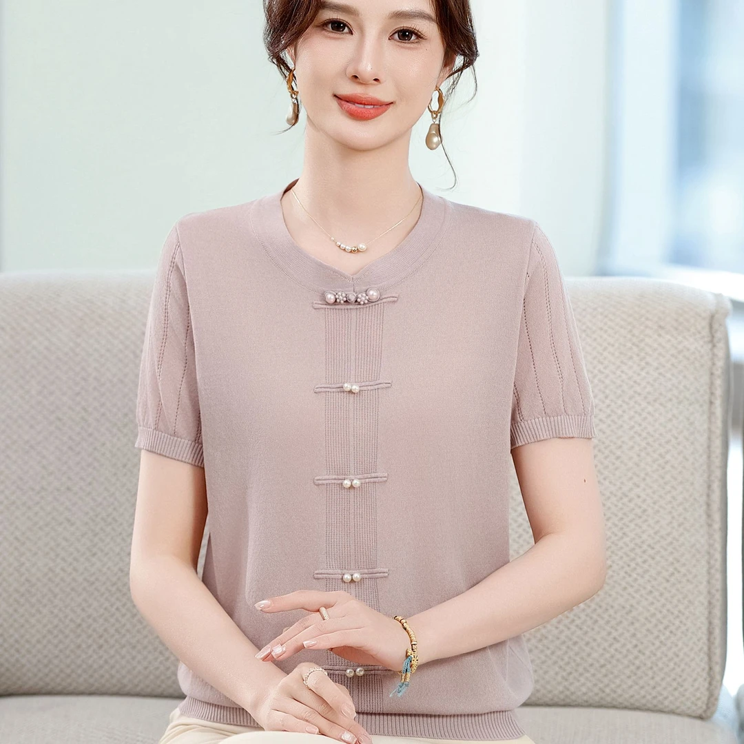 中年妇女夏装冰丝短袖t恤高贵洋气妈妈装针织遮肚奶奶装凉快上衣