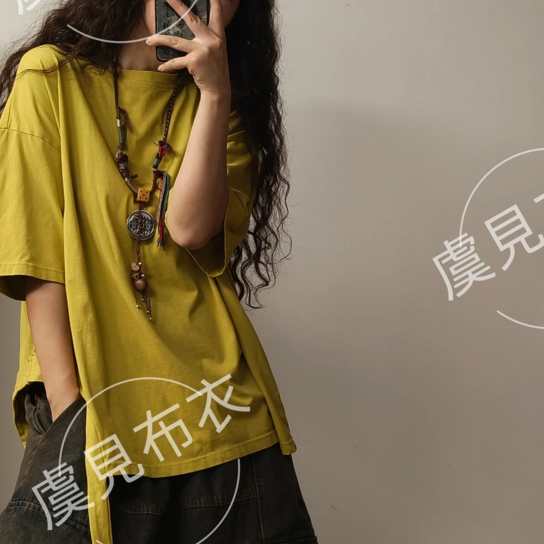 虞姑娘推荐 水洗做旧圆弧飘带短袖T恤【衣长70胸围130】