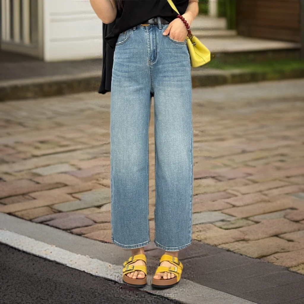 宿慕SUMU女款直筒轻奢牛仔裤夏季新款时尚休闲高腰九分裤子9907M