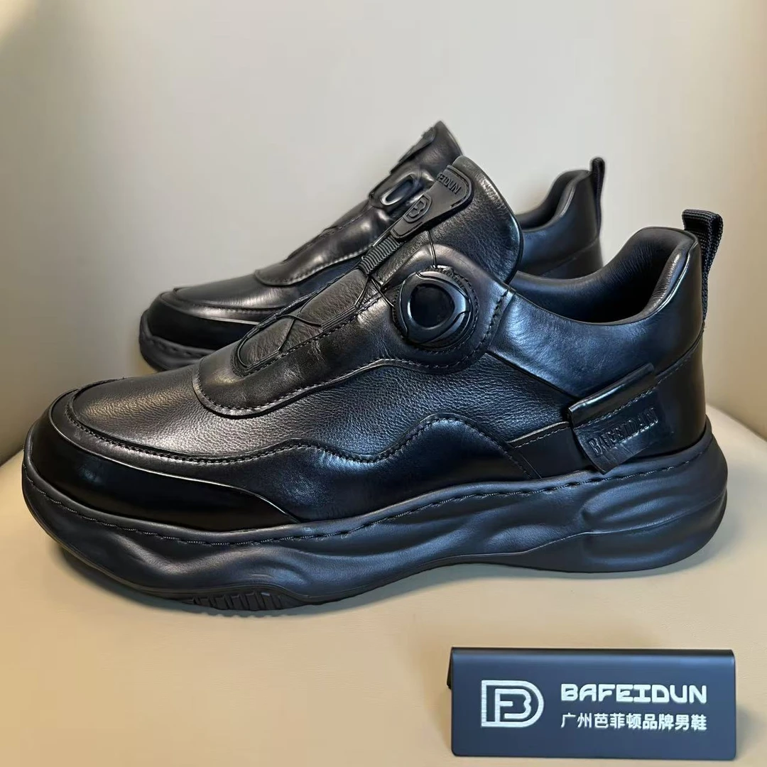 广州手工皮鞋厚底男鞋旋转纽扣一脚蹬休闲男鞋运动百搭0675-1003