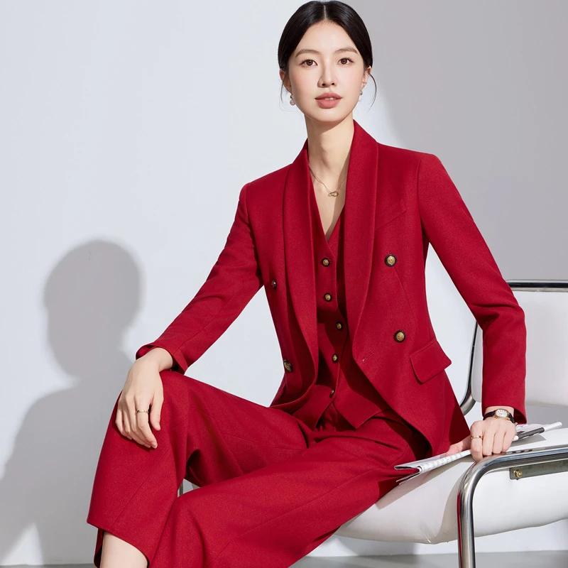 红色西装套装女2025新款气质高级感总裁范职业正装西服马甲三件套