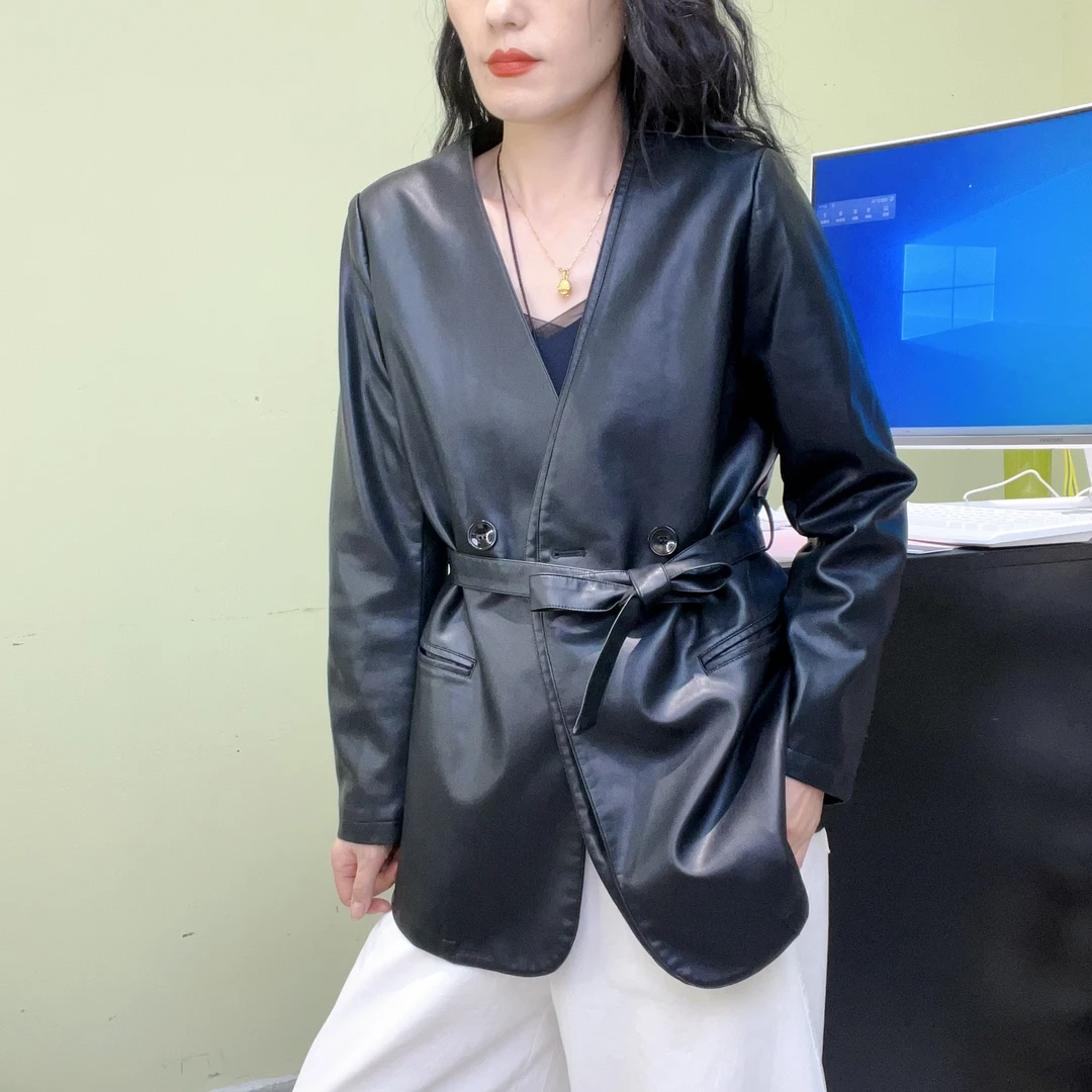 黑色千金风中长款显瘦宽松型网红皮衣外套休闲时尚上衣收腰穿搭