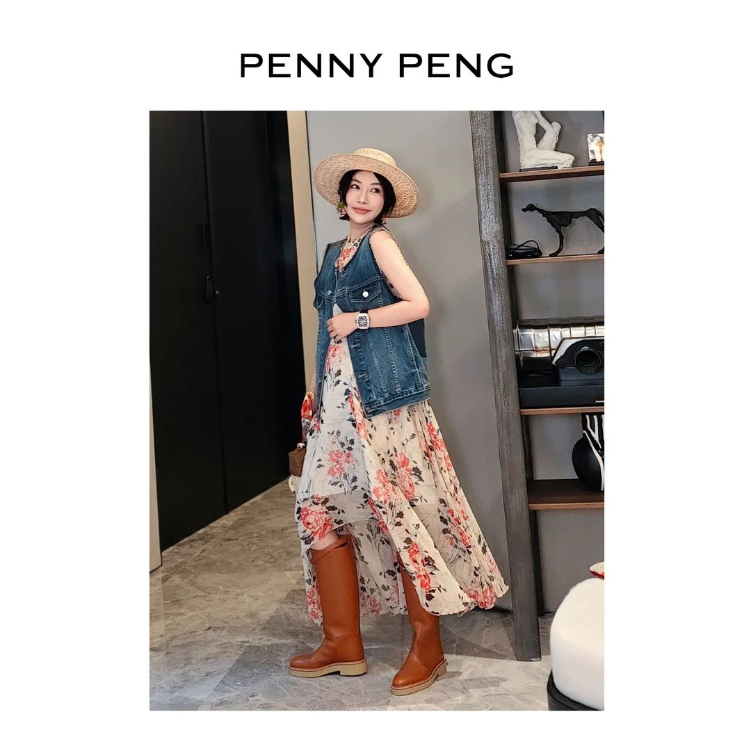 PENNYPENG浪漫森系复古洋气无袖圆领千金花色优雅真丝碎花长裙