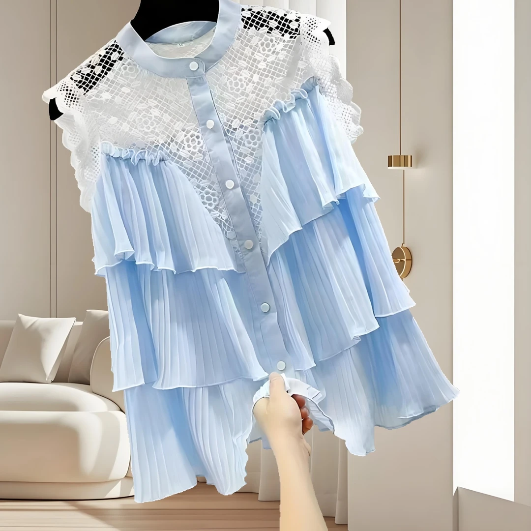 小香风钩花镂空蕾丝拼接压褶遮肚无袖衬衣女夏季新款洋气衣服女