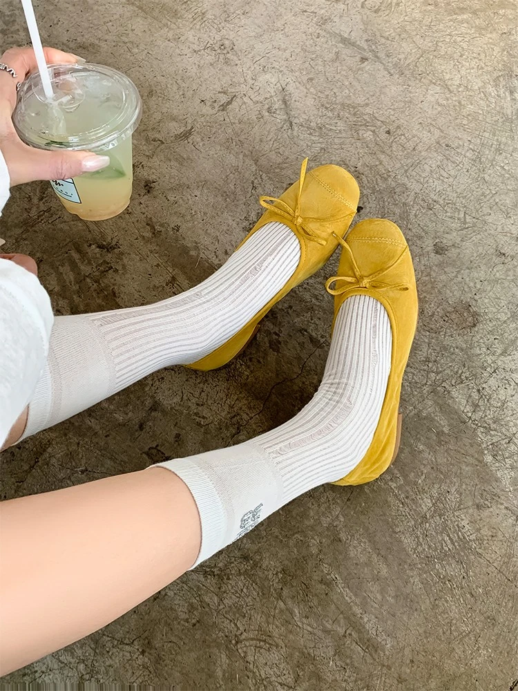 戈森定制蝴蝶结单鞋女2025新黄色浅口晚晚鞋软底豆豆鞋法式芭蕾鞋