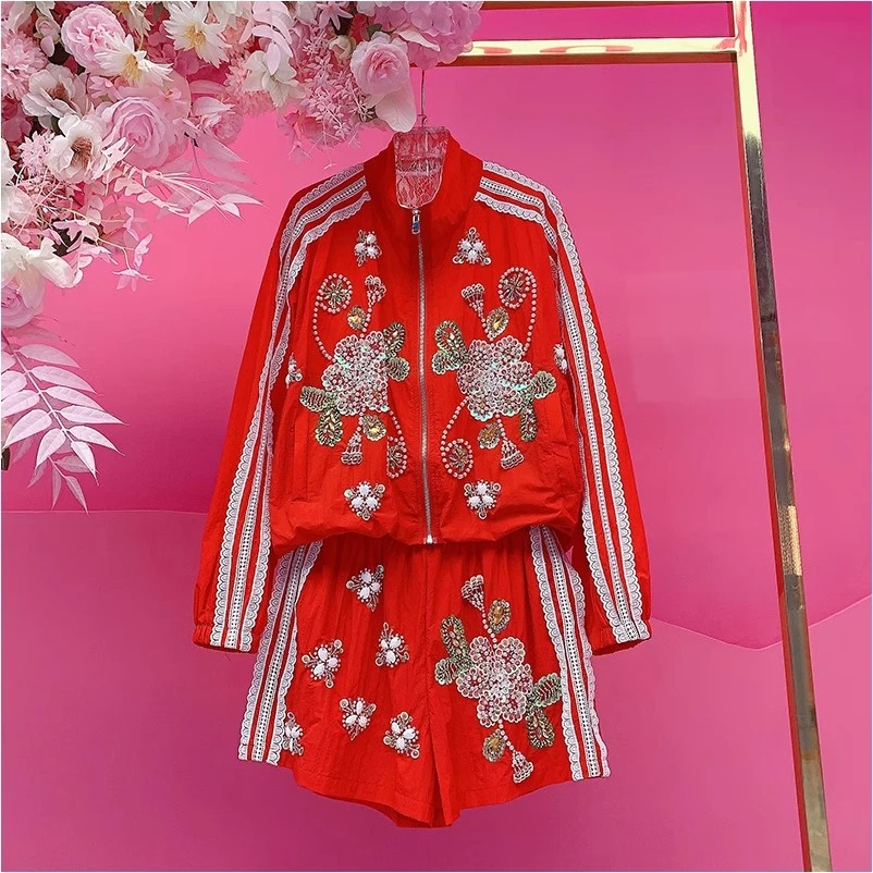 A2526欧美设计师2025夏季新款重工钉珠刺绣立体花朵休闲短裤套装