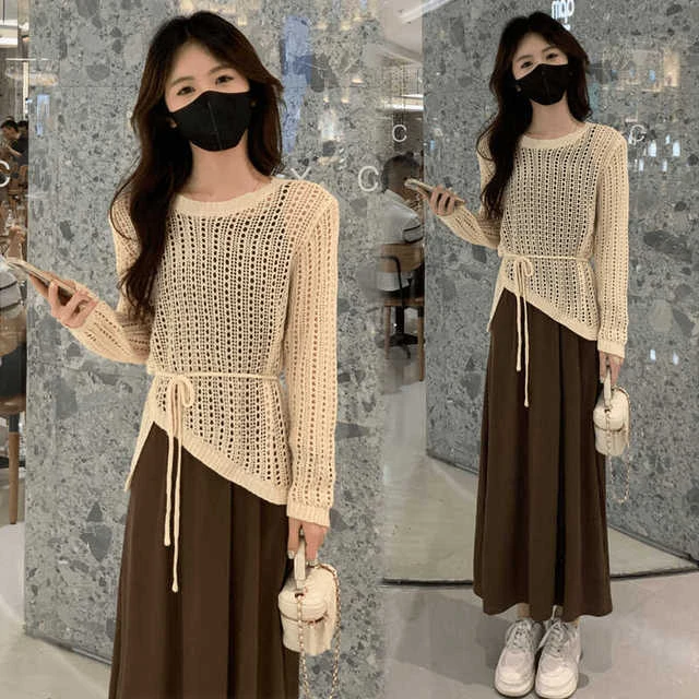 小个子时尚套装女2025秋季新款气质显瘦镂空针织罩衫吊带裙两件套