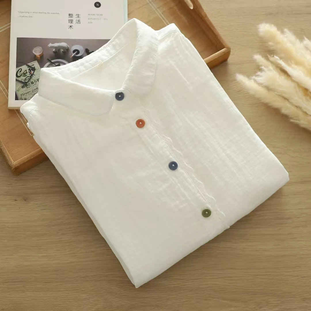 春季新款双层棉纱长袖全棉衬衫女文艺蕾丝彩扣花边宽松显瘦上衣女