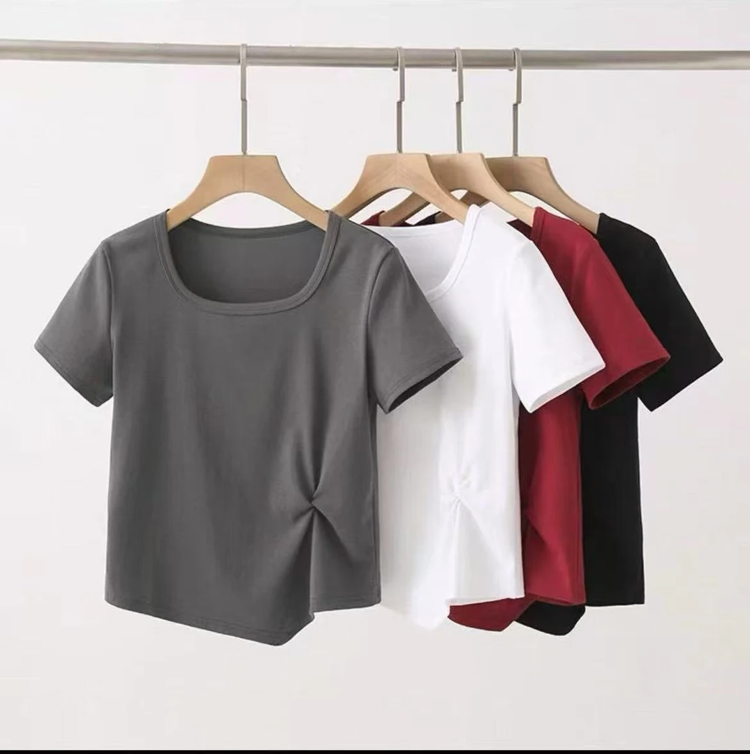 2025夏季新款设计感不规则正肩方领收腰褶皱纯色短款短袖上衣