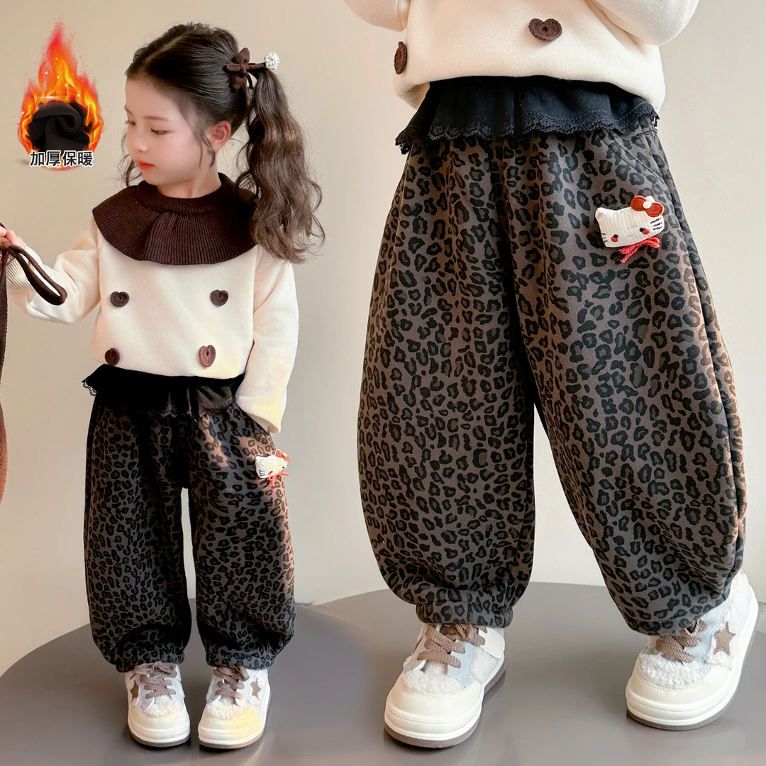 女童加绒豹纹裤子洋气儿童秋冬装女宝宝加厚一体绒弯刀休闲裤子潮