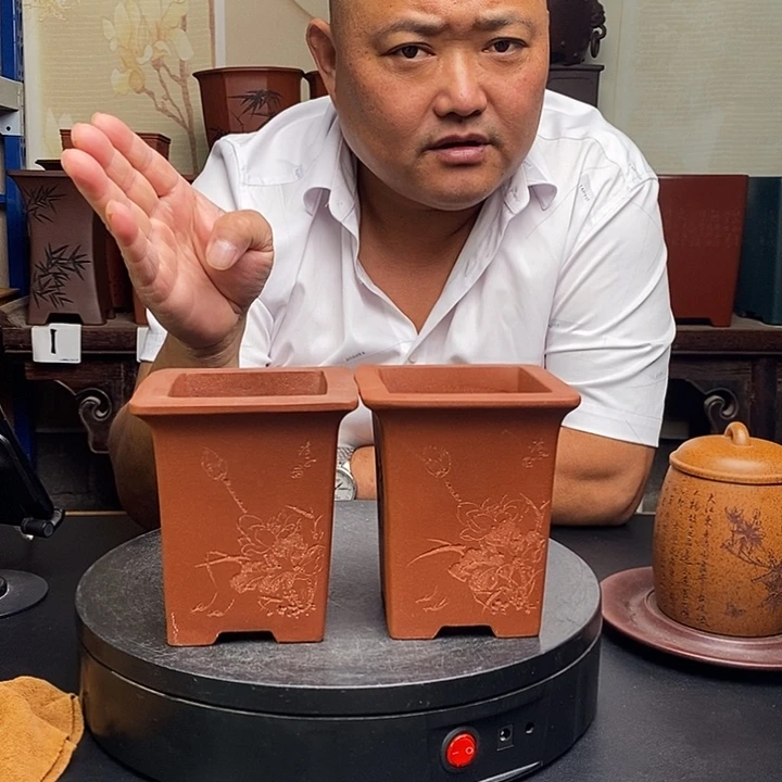 紫砂花盆货号一只刻绘